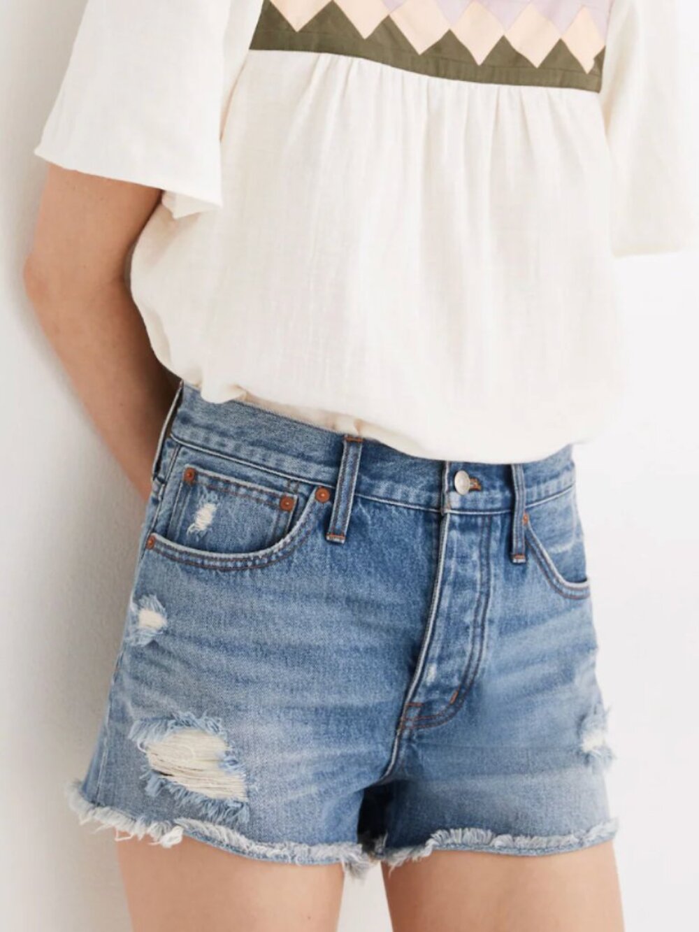 Madewell Relaxed Mid-Rise Button Fl yBlue Denim Shorts Raw Hem Distressed, sz 24